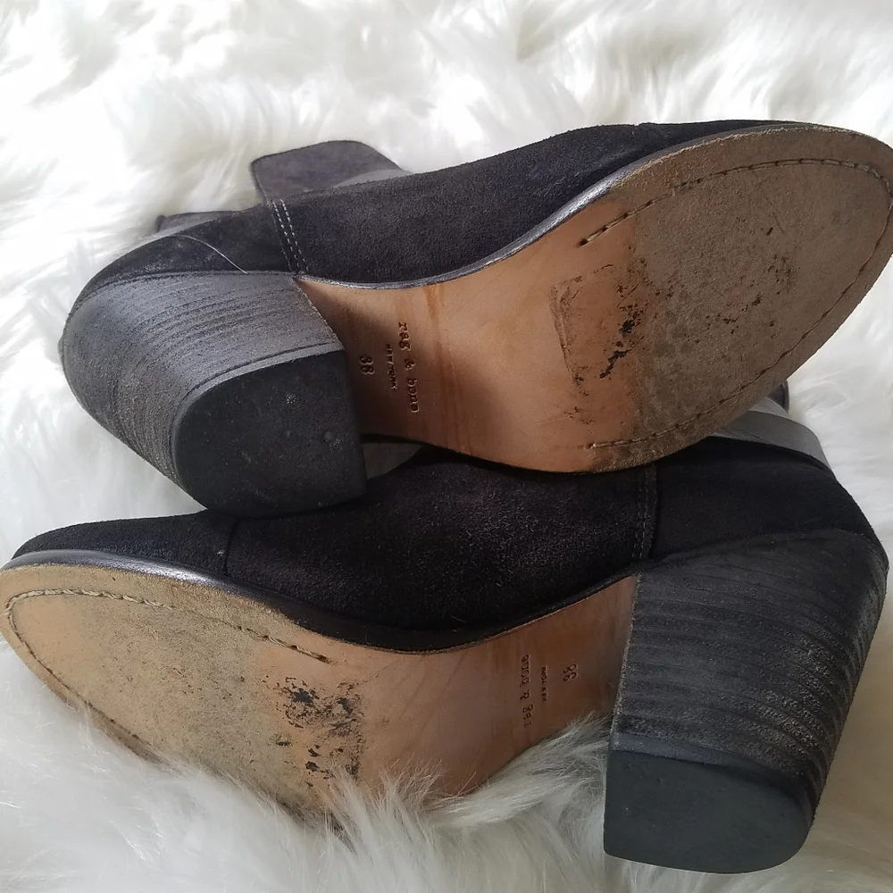 Rag & Bone Harrow Black Suede Leather Ankle Boots Chunky Stacked Heel sz38